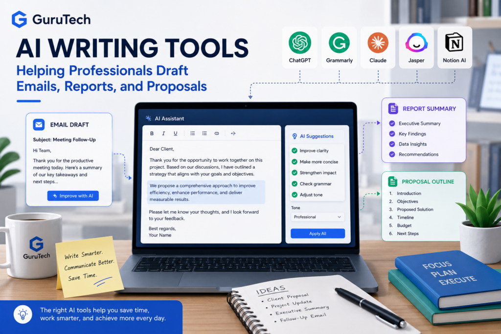 AI writing tools for professionals helping draft emails, reports, and proposals with GuruTech branding