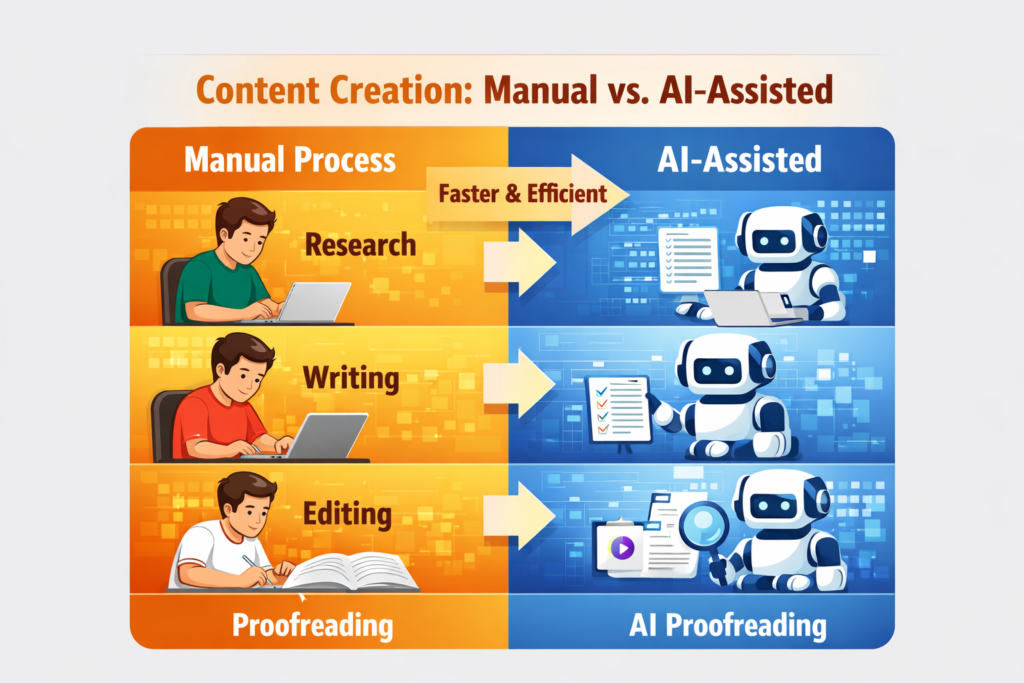 AI-assisted workflow vs manual content creation process comparison showing research writing editing and proofreading steps