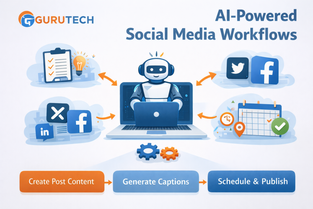 AI social media workflow showing content creation, caption generation, and post scheduling automation