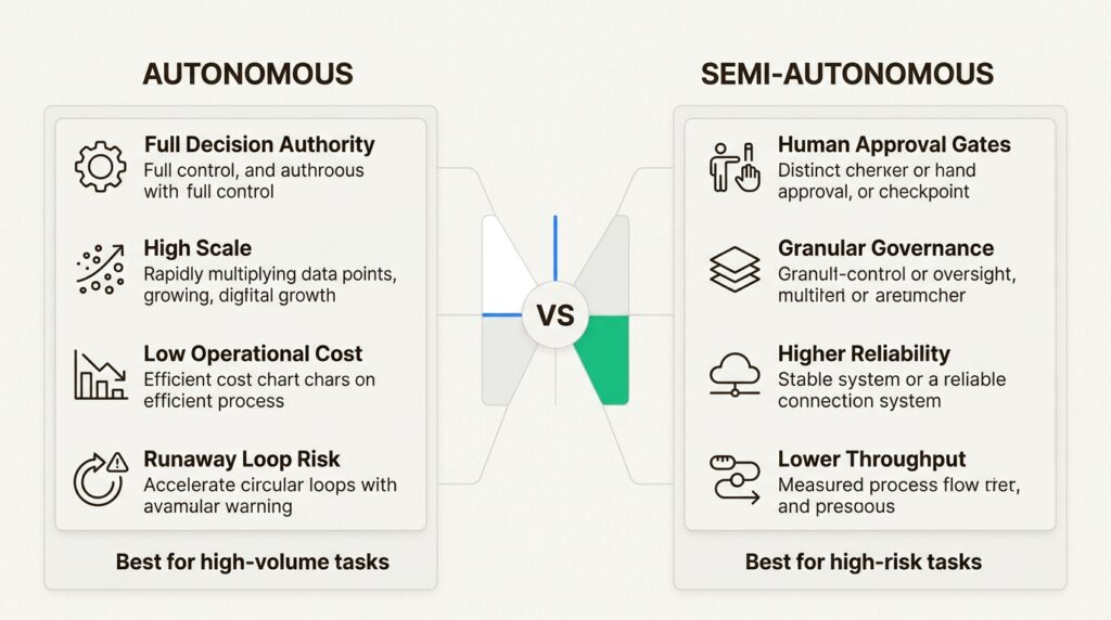 Comparison between autonomous and semi-autonomous agentic AI deployment models