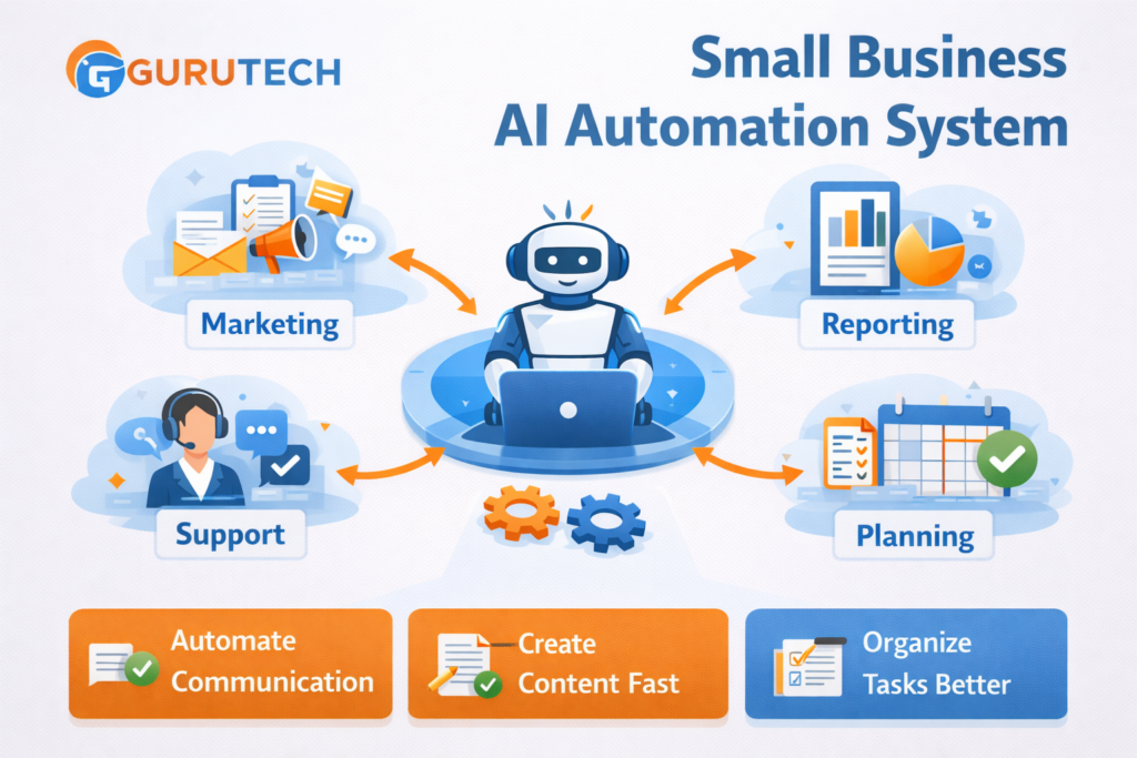 AI automation system for small business showing marketing, support, reporting, and planning workflows
