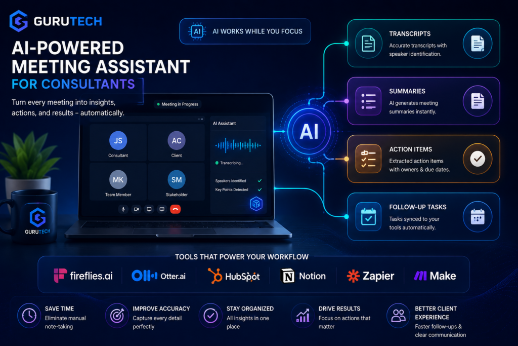 AI meeting workflow for consultants generating transcripts, summaries, action items, and follow-up tasks automatically