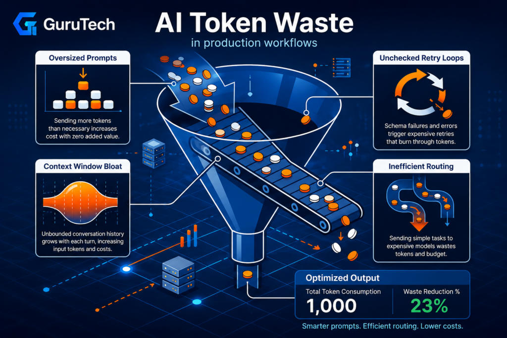 Technical infographic illustrating AI token waste sources including oversized prompts, retry loops, inefficient routing, and context window bloat in automation workflows.