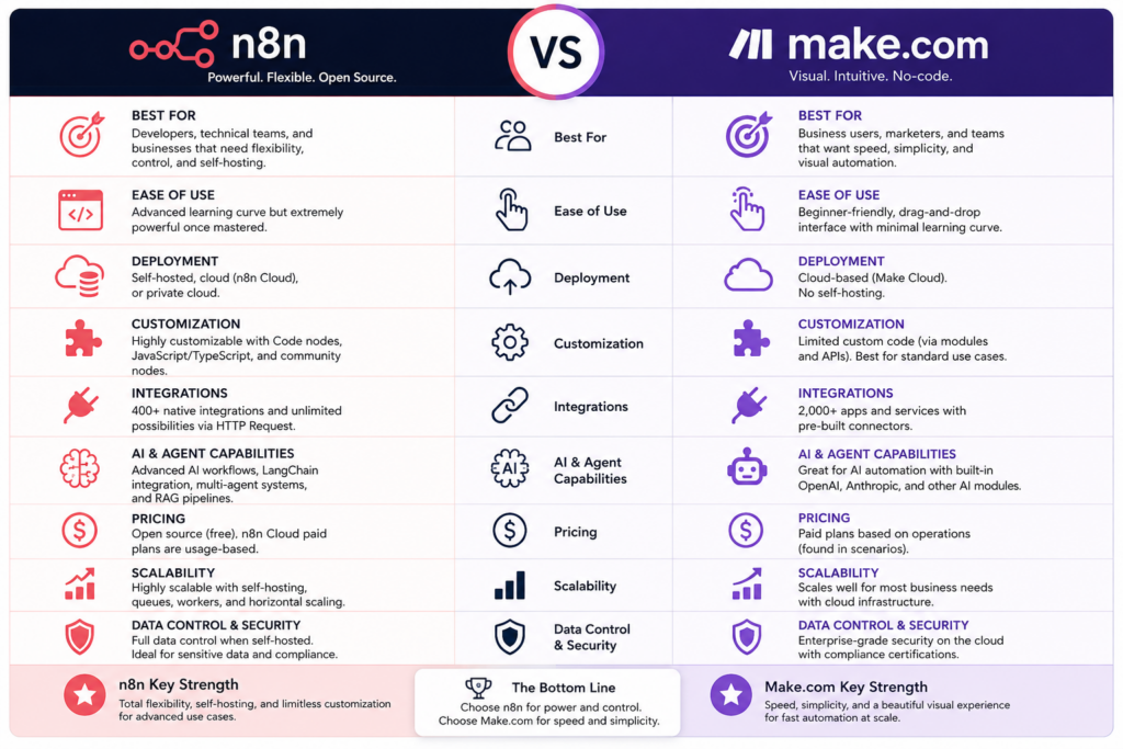Feature comparison table between n8n and Make.com for AI workflow automation, showing differences in deployment, integrations, AI capabilities, scalability, pricing, and customization.