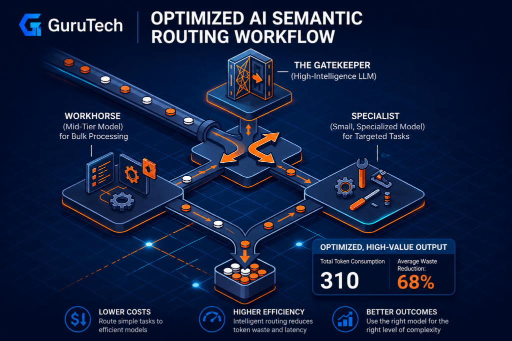 Technical AI semantic routing workflow diagram showing Gatekeeper, Workhorse, and Specialist AI model tiers optimizing token usage and reducing API costs.