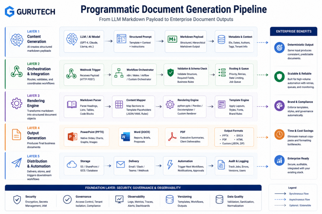 Layered enterprise architecture diagram showing LLM markdown payloads flowing through orchestration, rendering engines, and automated PowerPoint and DOCX document generation pipelines
