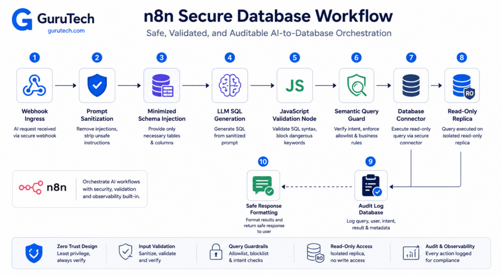 Technical n8n workflow diagram showing secure AI database orchestration with webhook ingress, prompt sanitization, schema injection, LLM SQL generation, JavaScript validation, semantic query guard, read-only database access, audit logging, and safe response formatting.