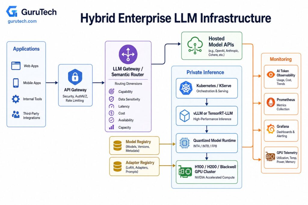 Hybrid enterprise LLM infrastructure showing LLM gateway routing between hosted model APIs and private GPU inference using Kubernetes, vLLM, TensorRT-LLM, and H100, H200, or Blackwell GPUs