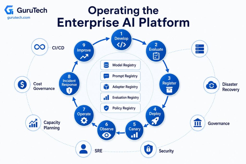 Enterprise AI platform operations lifecycle showing development, evaluation, registries, deployment, canary releases, observability, incident response, SRE, cost governance, capacity planning, security, and disaster recovery