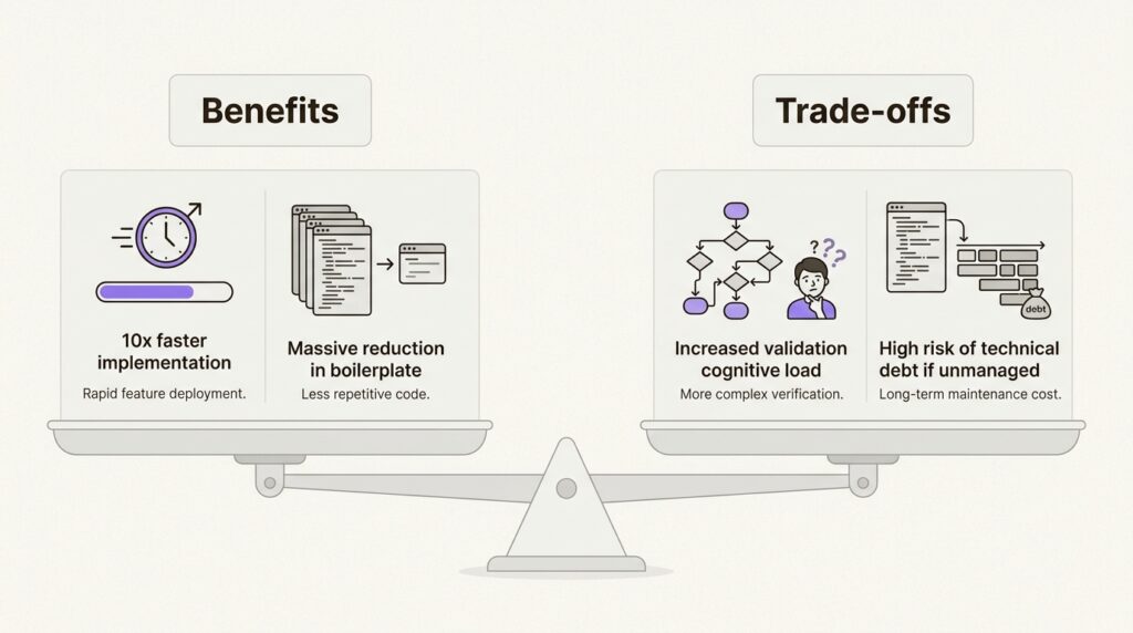 This infographic highlights the critical balance between the speed benefits of AI-accelerated engineering and the increased demands for validation and technical debt management.
