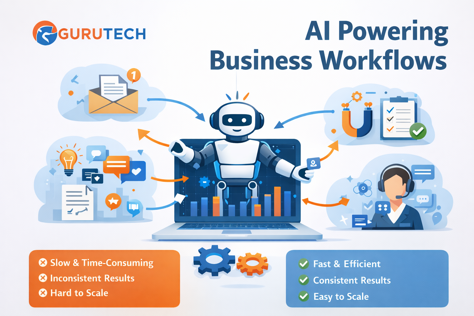 AI workflow examples for business showing automation of content, email, customer support, and marketing processes