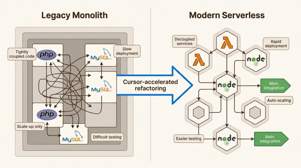 Visualize the transformation from a legacy CakePHP/MySQL monolith to a modern, efficient serverless microservices architecture using AI-accelerated refactoring.