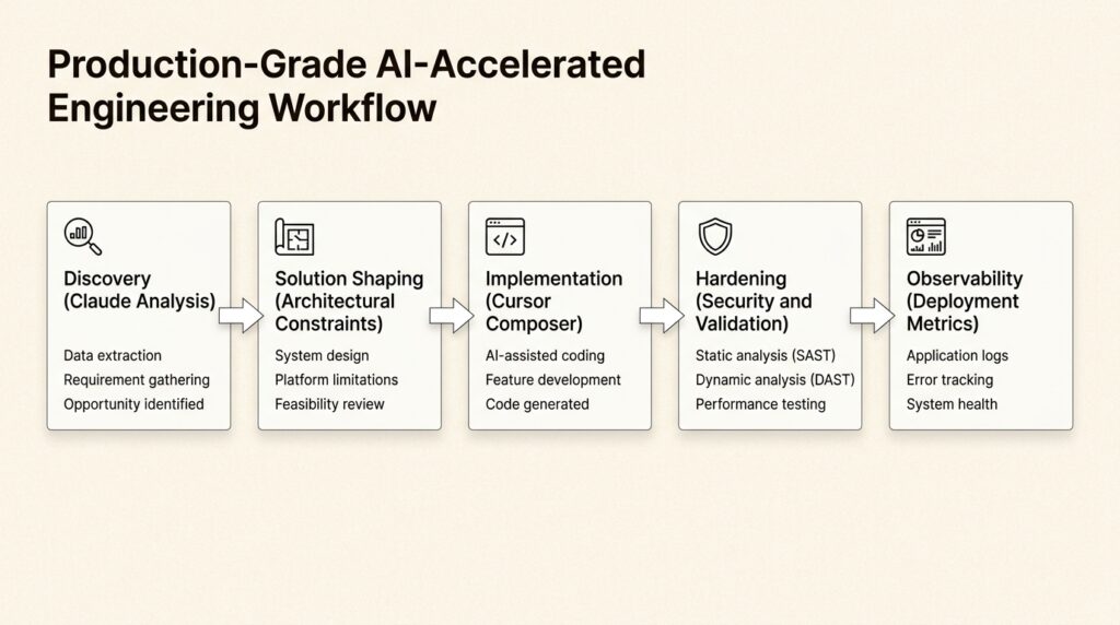 AI-accelerated engineering workflow. 
This flowchart outlines the structured, five-phase AI-accelerated workflow, guiding engineers from initial discovery to robust system hardening and deployment.